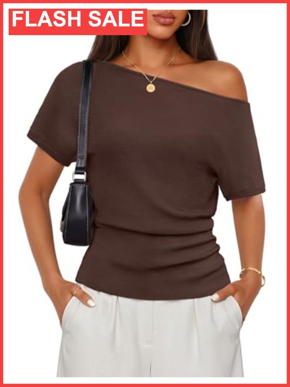 Off Shoulder Short Sleeve Sweater Top Lightweight Knit Pullover